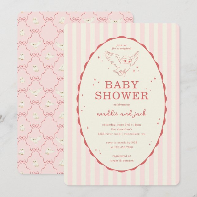 Harry Potter Hedwig Pink Stripe Baby Shower Einladung (Vorne/Hinten)
