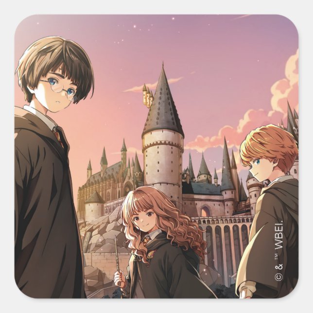 HARRY POTTER™ Hermione & Ron HOGWARTS™ Anime-Szene Quadratischer Aufkleber (Vorderseite)