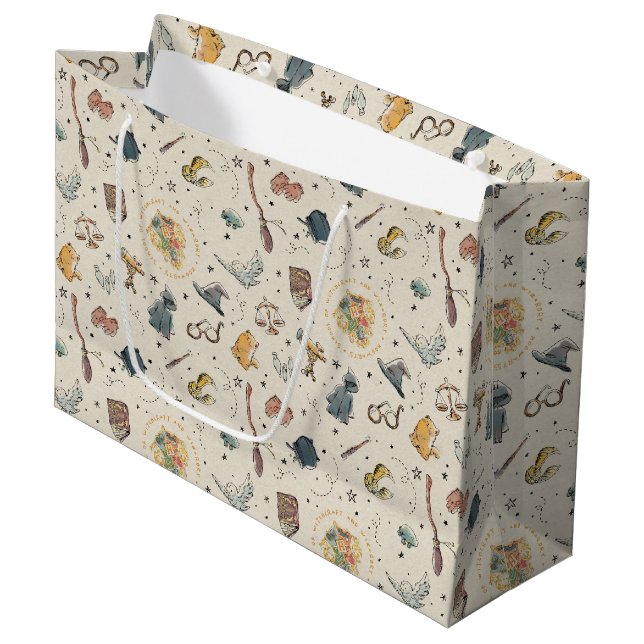 Harry Potter Icons Pattern - Geburtstag Große Geschenktüte (Vorderseite Schrägansicht)