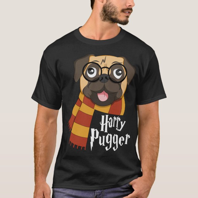 Harry Pugger Funny Mops Owner Wizard Lover T-Shirt (Vorderseite)