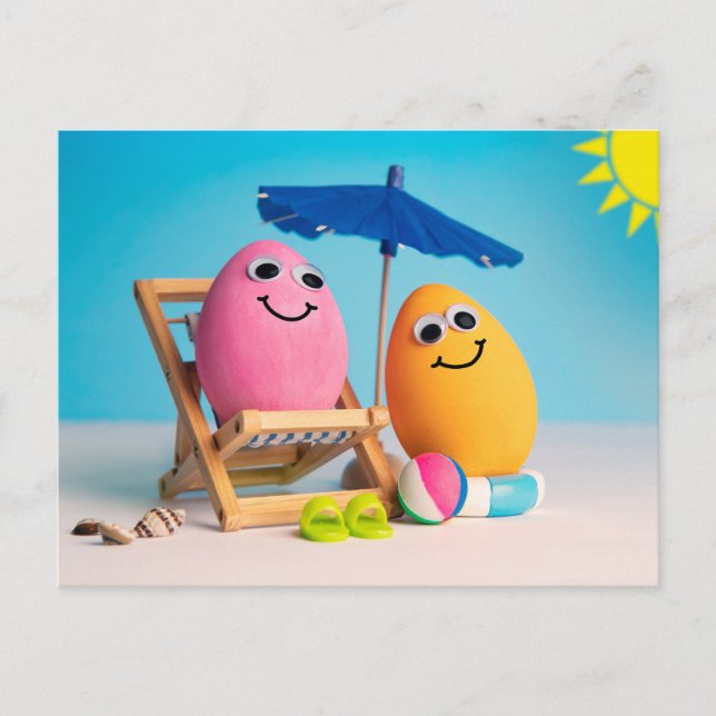 Harte gekochte Eier am Strand Feiertagspostkarte (Vorderseite)