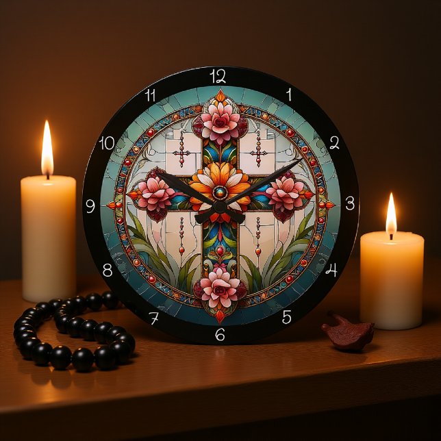 Hartglas-Blumenkreuz Große Wanduhr (Von Creator hochgeladen)