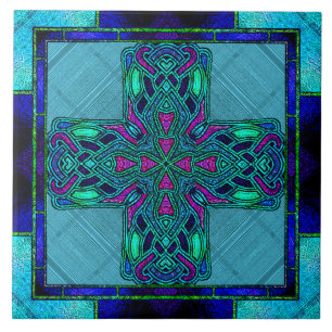 Hartglas Celtic Cross in Blue und Aqua Fliese
