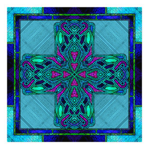 Hartglas Celtic Cross in Blue und Aqua Fotodruck