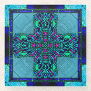 Hartglas Celtic Cross in Blue und Aqua Glasuntersetzer