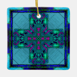 Hartglas Celtic Cross in Blue und Aqua Keramikornament