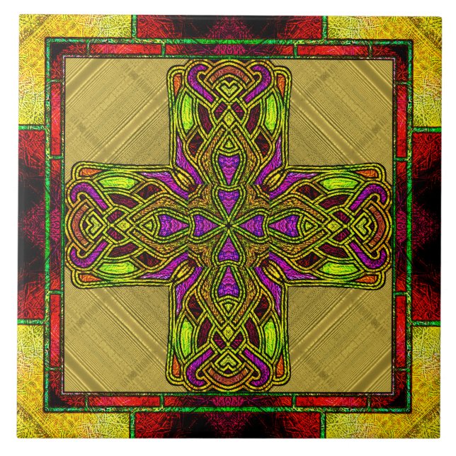 Hartglas Celtic Cross in Rot und Gold Fliese (Vorderseite)