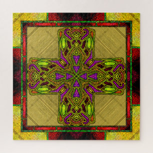 Hartglas Celtic Cross in Rot und Gold Puzzle