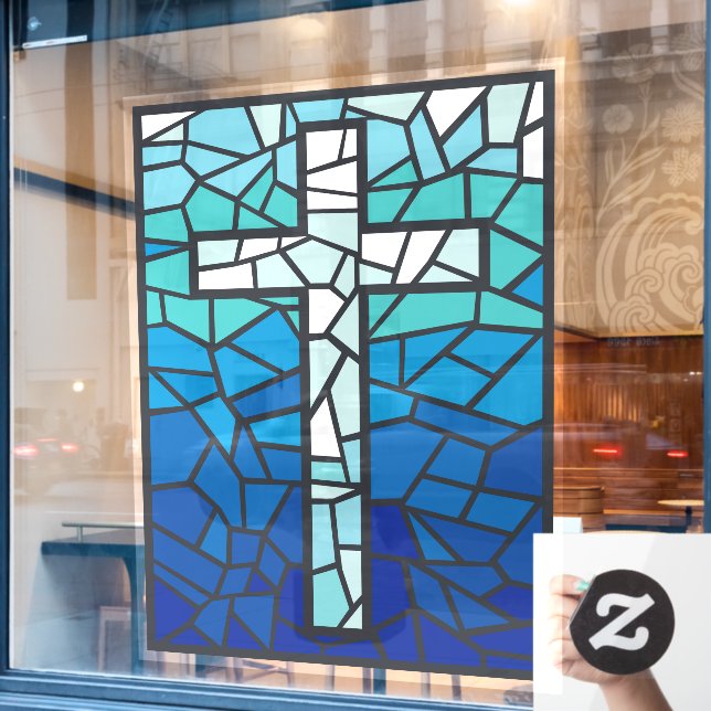 Hartglas Cross Blue Schwarz-weiß Fensteraufkleber (Café-Fenster)
