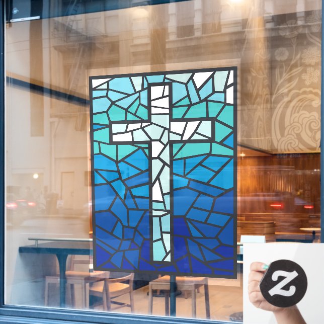 Hartglas Cross Blue Schwarz-weiß Fensteraufkleber (Café-Fenster)