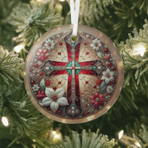 Hartglas Cross und Poinsettias Ornament Aus Glas