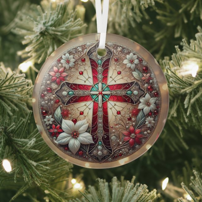 Hartglas Cross und Poinsettias Ornament Aus Glas (InSitu)