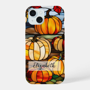 Hartglas-Fenster mit Pumpkins iPhone 15 Hülle
