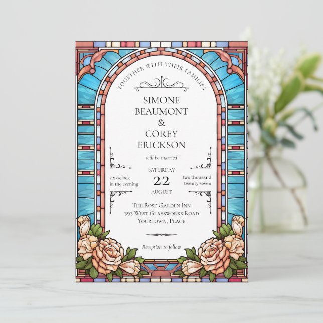 Hartglas-Florrahmen-Hochzeiten Einladung (Stehend Vorderseite)