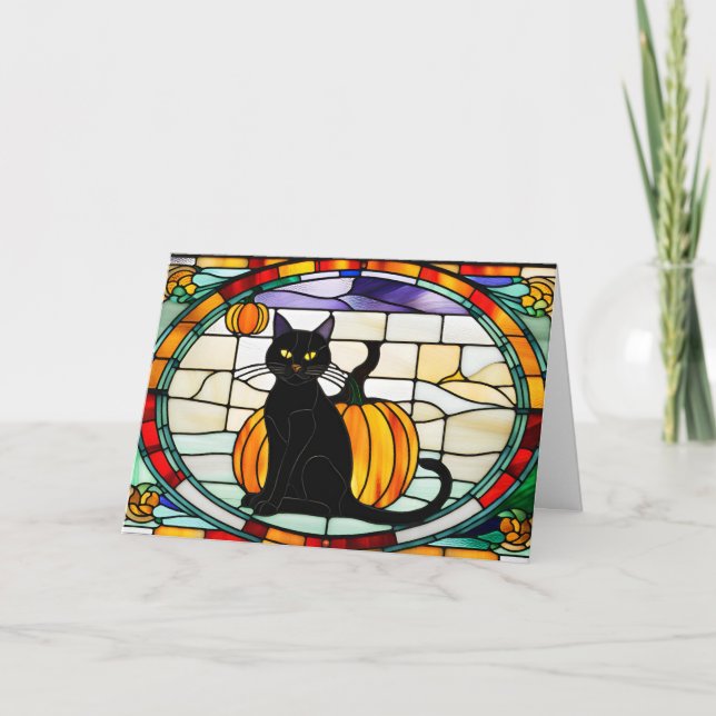 Hartglas Halloween Black Cat Feiertagskarte (Vorderseite)