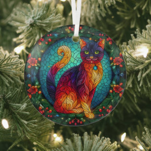 Hartglas-Katze mit Weihnachtsfeige Ornament Aus Glas