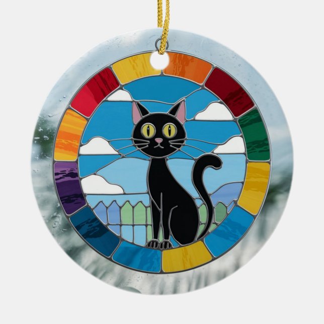 Hartglas, schwarze Katze, farbig gestanztes Glas Keramik Ornament (Vorne)