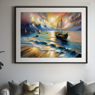 Hartpastel Zeichnend Boote Wasser Poster