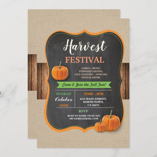 Harvest Festival Pumpkin Rustic Wood Chalk Einladu Einladung (Vorne/Hinten)