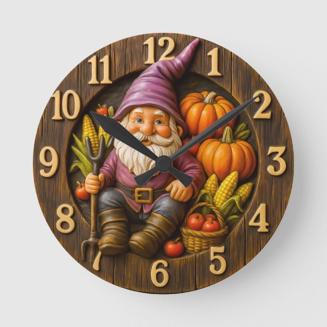 Harvest gnome with pumpkin rustic runde wanduhr (Vorderseite)