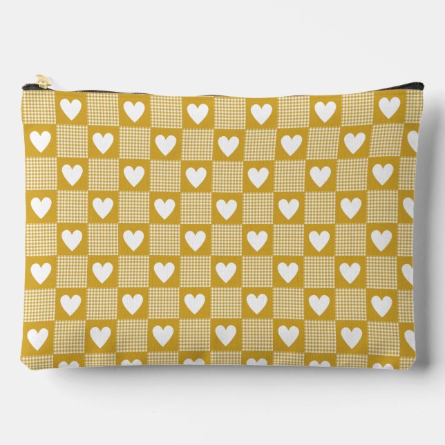 Harvest Gold Gingham Heart Patch Plaid Zubehörtasche (Vorderseite)