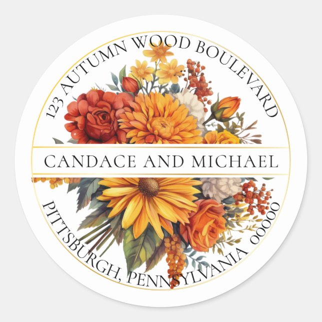 Harvest Gold Orange Floral Bouquet Rücksendeadress Runder Aufkleber (Vorderseite)