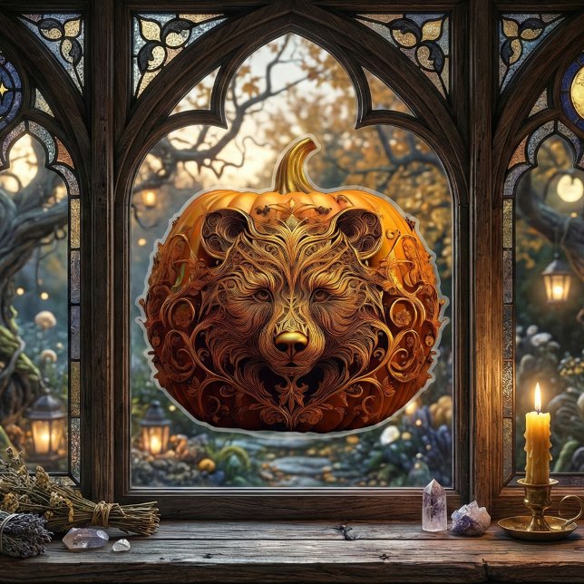 Harvest Guardian Bär Verzierter Herbst Pumpkin Art Fensteraufkleber (Whimsigoth Samhain Decor | Golden Bear Pumpkin Window Cling. Autumn gothic home decor bear spirit)