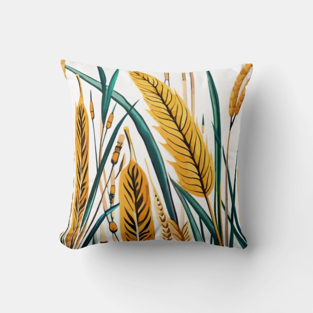 Harvest Harmony: Ein Weizenmuster auf einer weißen Kissen (Vorderseite)