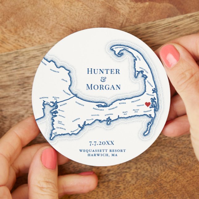 Harwich MA Wequassett Resort Cape Cod Wedding Runder Pappuntersetzer (Wequassett Resort Wedding Favor Cocktail Hour Coasters for a Cape Cod Wedding in Elegant Navy Blue)