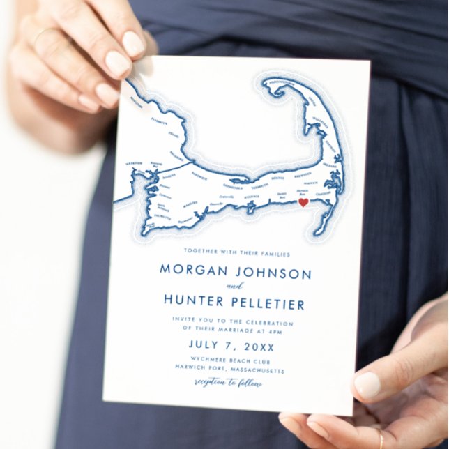 Harwich Port Cape Cod Navy Minimalistische Hochzei Einladung (Harwich Port MA Minimal Modern Cape Cod Wedding Wedding Invitation in Navy Blue Coastal Map Designs )