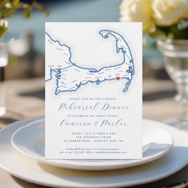 Harwich Port MA Lässige Hochzeit Probe Dinner Einladung (Harwich Port MA Casual Cape Cod Wedding Rehearsal Dinner Invitation in Blue - Coastal Map Designs)