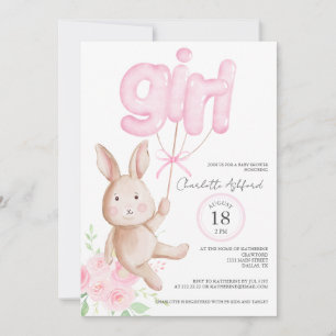 Häschen-Balloons-Aquarell-Blumen-Mädchen-Baby-Part Einladung