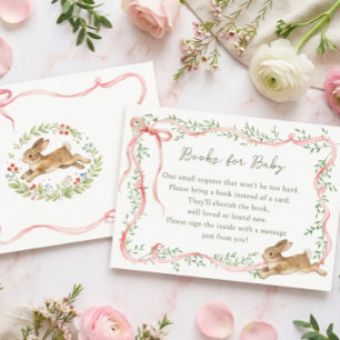 Häschen-Blumen-Rosa-Schleife-Baby-Shower-Buch-Anfr Begleitkarte