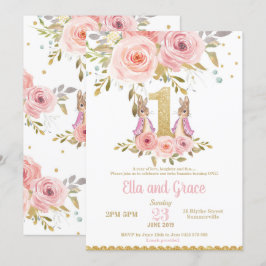 Häschen-Doppelmädchen-1. Geburtstags-Einladung Einladung