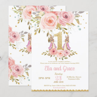 Häschen-Doppelmädchen-1. Geburtstags-Einladung Einladung