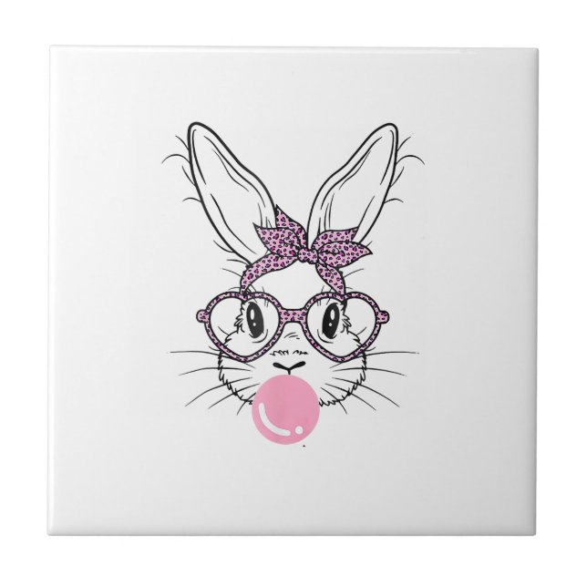 Häschen Gesicht Leopard Brille Bubble Gum Ostertag Fliese (Vorderseite)