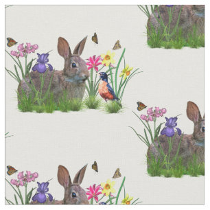 Häschen-Kaninchen, Robin und Blumen, kundengerech Stoff