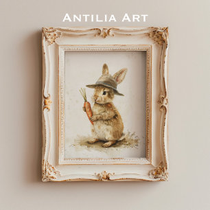 Häschen mit Karottenmalerei Rustikaler Osterhase Poster