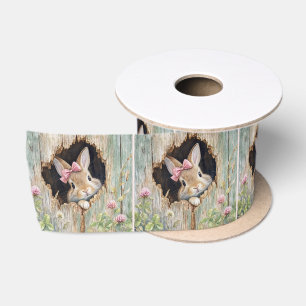Häschen mit rosa Schleife, das aus einem Zaunloch Satinband