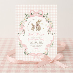 Häschen mit rosa Schleife, Gingham und Blumen für Einladung