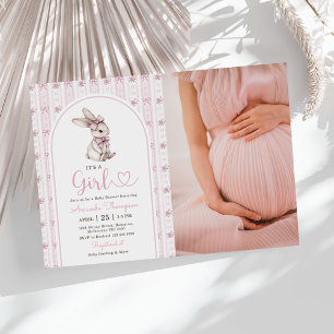 Häschen mit rosa Schleife Vintage-Hase Baby Shower Einladung
