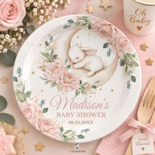 Häschen-Mond-Rosa-Hauch-Blumen-Baby-Party Pappteller