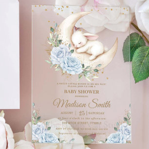 Häschen Mond Sanft Blau Floral Jungen Babyparty Acryleinladungen