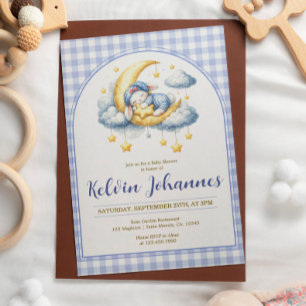 Häschen-Mond-Stern-Gingham-Baby-Party in Blau Einladung