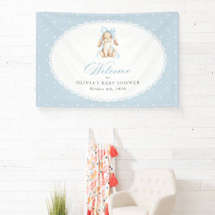 Häschen, Schleife, Blaue Punkte, Babyparty-Willkom Banner