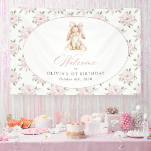 Häschen, Schleife, rosa Blumen, Willkommensgruß zu Banner