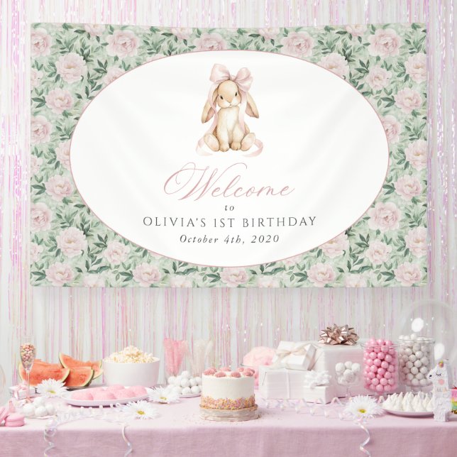 Häschen, Schleife, rosa Blumen, Willkommensschild  Banner (Party)