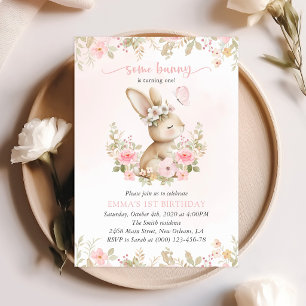 Häschen, Schmetterling, rosa Blumen, erster Geburt Einladung