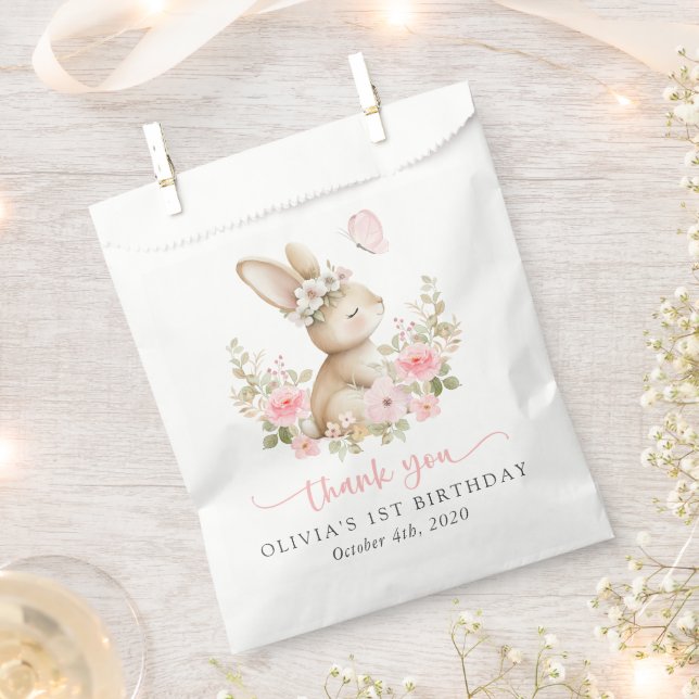 Häschen, Schmetterling, rosa Blumen, erster Geburt Geschenktütchen (Ausgeschnitten)