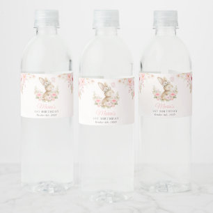 Häschen, Schmetterling, rosa Blumen, erster Geburt Wasserflaschenetikett